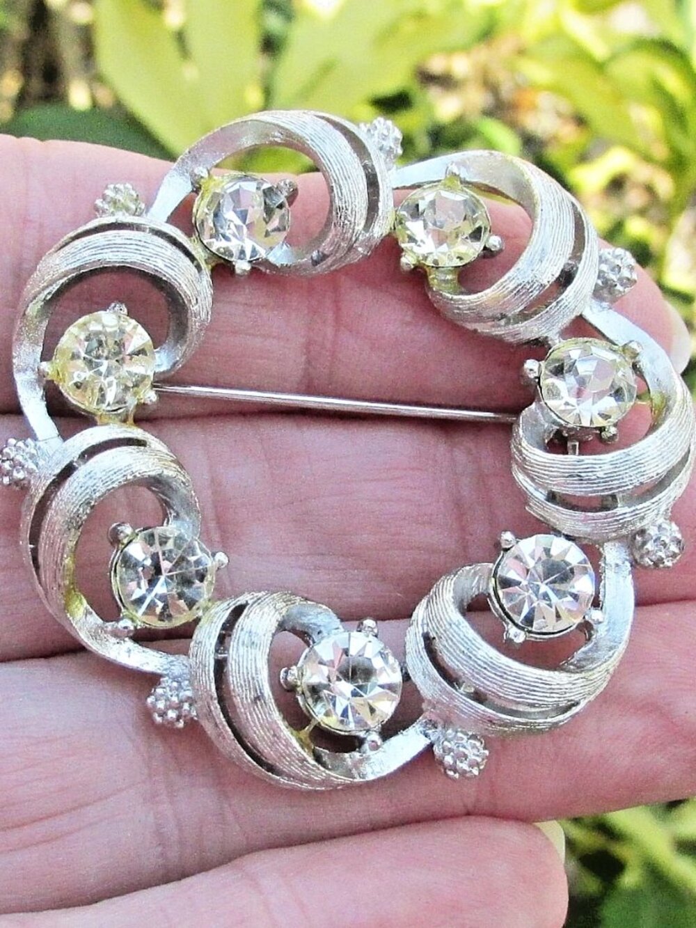 Vintage Large Mid-Century Textured Silver Crystal Rhinestone Circle Brooch Pin